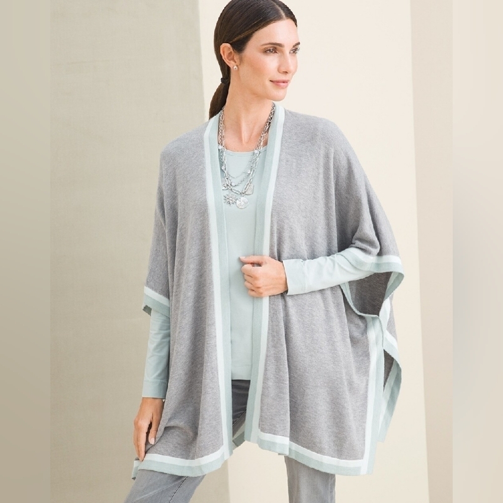 Chico's Gray and Light BlueTipped Ruana wrap Sweater sz Small medium oversized